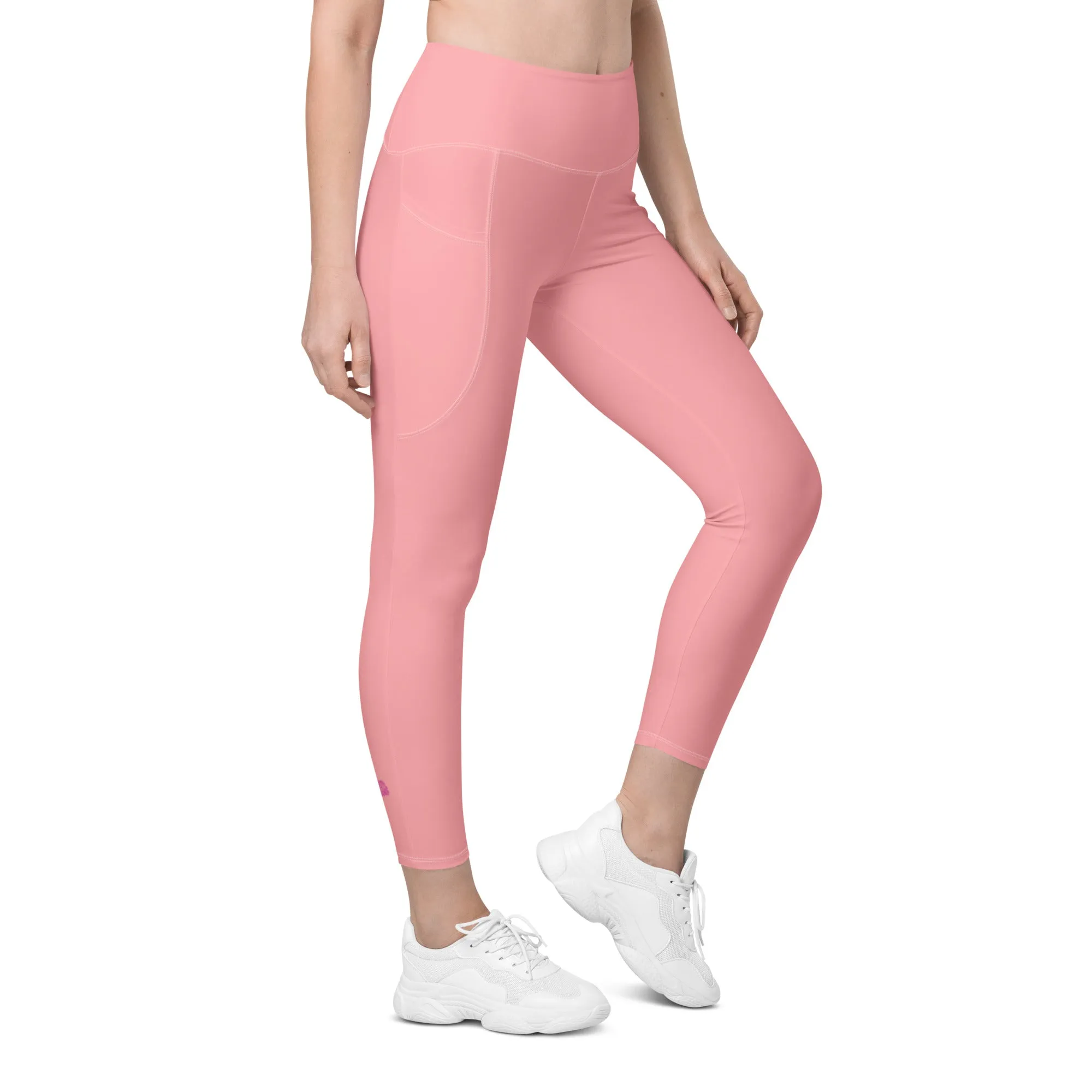 Light Pink Women's Tights, Best Solid Color Leggings For Women With 2 Side Pockets - Made in USA/EU/MX