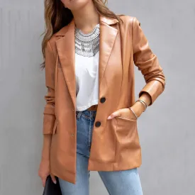 Long Sleeve Button Pu Cardigan Coat For Women