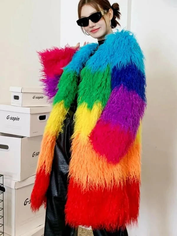 Niche Rainbow Shaggy Faux Fur Coat for Cozy Winter Style