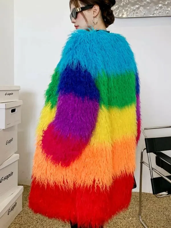 Niche Rainbow Shaggy Faux Fur Coat for Cozy Winter Style