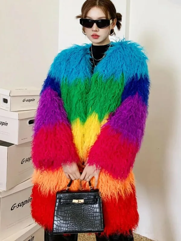 Niche Rainbow Shaggy Faux Fur Coat for Cozy Winter Style