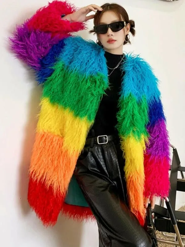 Niche Rainbow Shaggy Faux Fur Coat for Cozy Winter Style