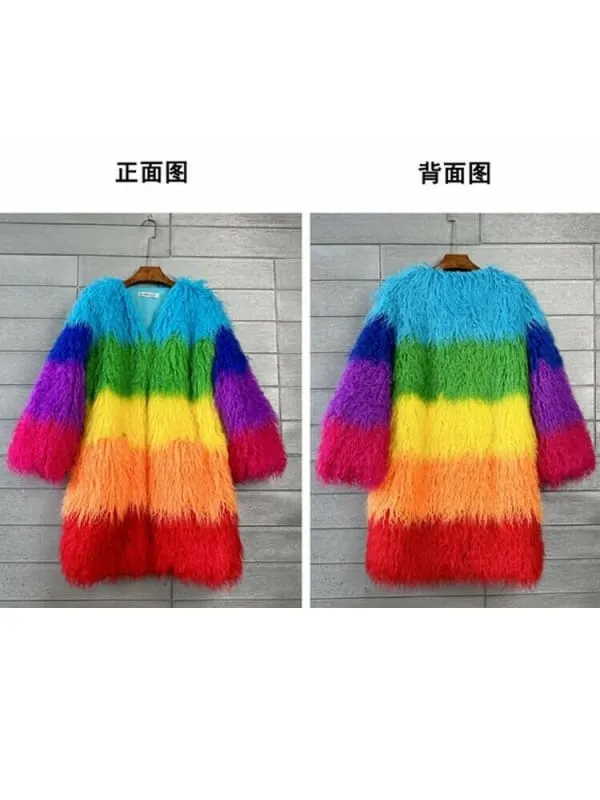 Niche Rainbow Shaggy Faux Fur Coat for Cozy Winter Style