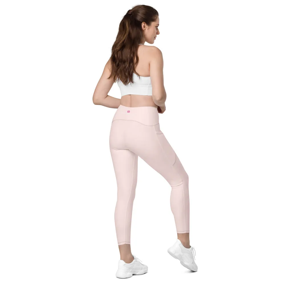 Pale Pink Best Women's Tights, Solid Color Best Yoga Pants With 2 Side Deep Long Pockets - Made in USA/EU/MX (US Size: 2XS-6XL)