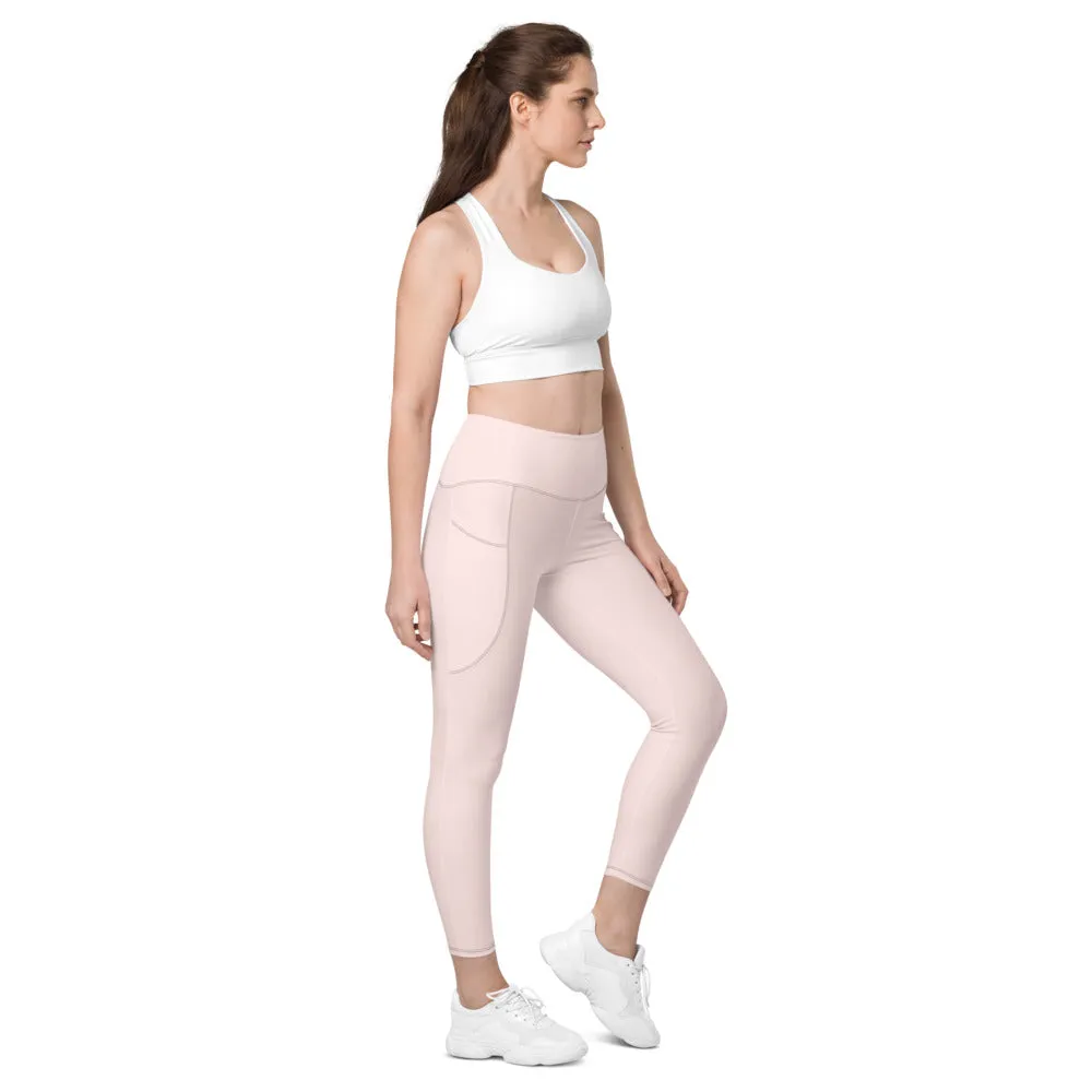 Pale Pink Best Women's Tights, Solid Color Best Yoga Pants With 2 Side Deep Long Pockets - Made in USA/EU/MX (US Size: 2XS-6XL)