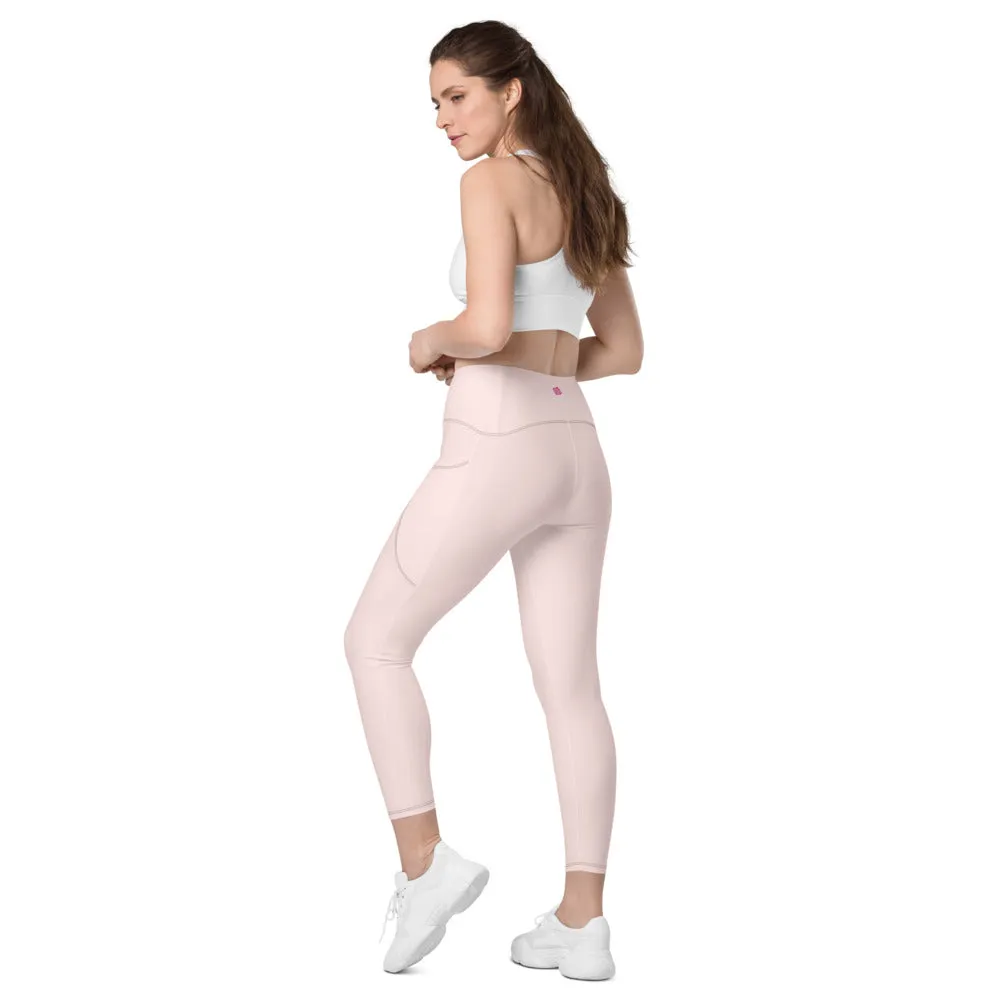 Pale Pink Best Women's Tights, Solid Color Best Yoga Pants With 2 Side Deep Long Pockets - Made in USA/EU/MX (US Size: 2XS-6XL)