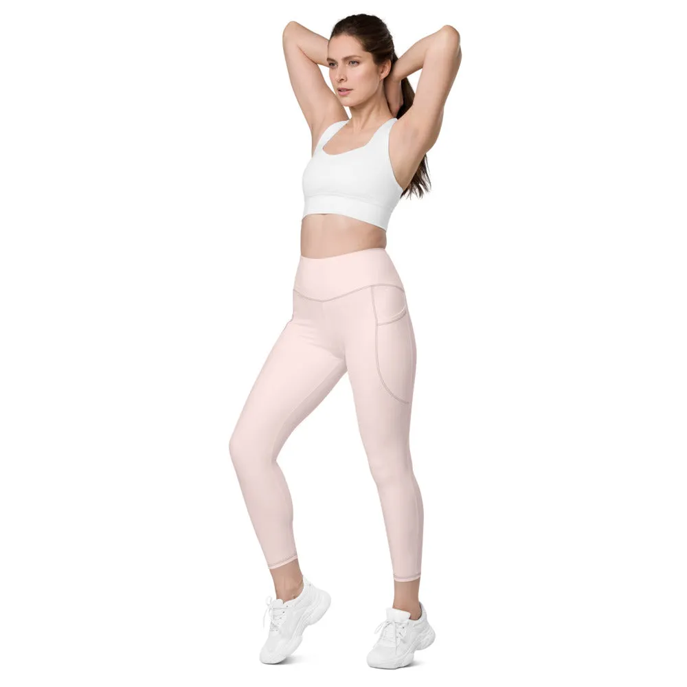 Pale Pink Best Women's Tights, Solid Color Best Yoga Pants With 2 Side Deep Long Pockets - Made in USA/EU/MX (US Size: 2XS-6XL)