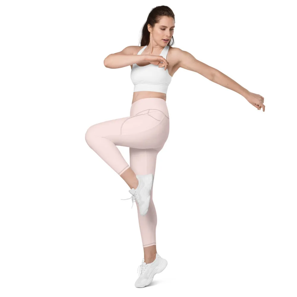 Pale Pink Best Women's Tights, Solid Color Best Yoga Pants With 2 Side Deep Long Pockets - Made in USA/EU/MX (US Size: 2XS-6XL)