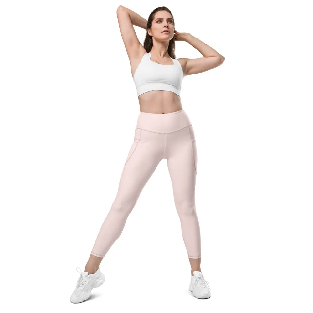 Pale Pink Best Women's Tights, Solid Color Best Yoga Pants With 2 Side Deep Long Pockets - Made in USA/EU/MX (US Size: 2XS-6XL)