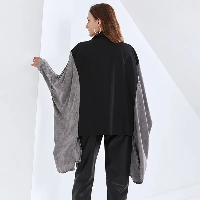 Patchwork Bat Sleeve For Female Coat Lapel Collar Long Sleeve Loose Women's Casual Coat Fashion Streetwear