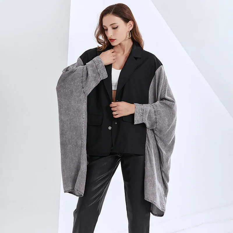 Patchwork Bat Sleeve For Female Coat Lapel Collar Long Sleeve Loose Women's Casual Coat Fashion Streetwear