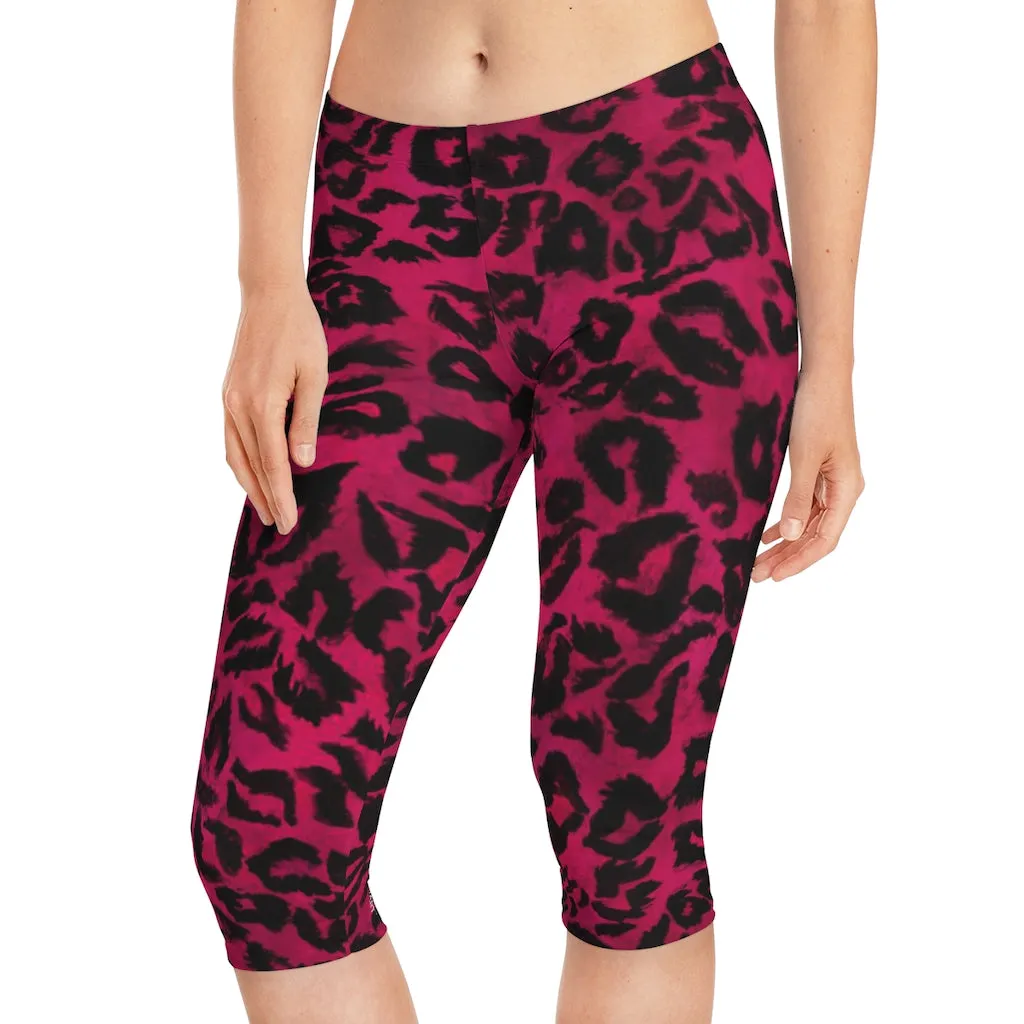 Pink Leopard Women's Capri Leggings, Pink Animal Print Best Knee-Length Polyester Capris Tights-Made in USA (US Size: XS-2XL)