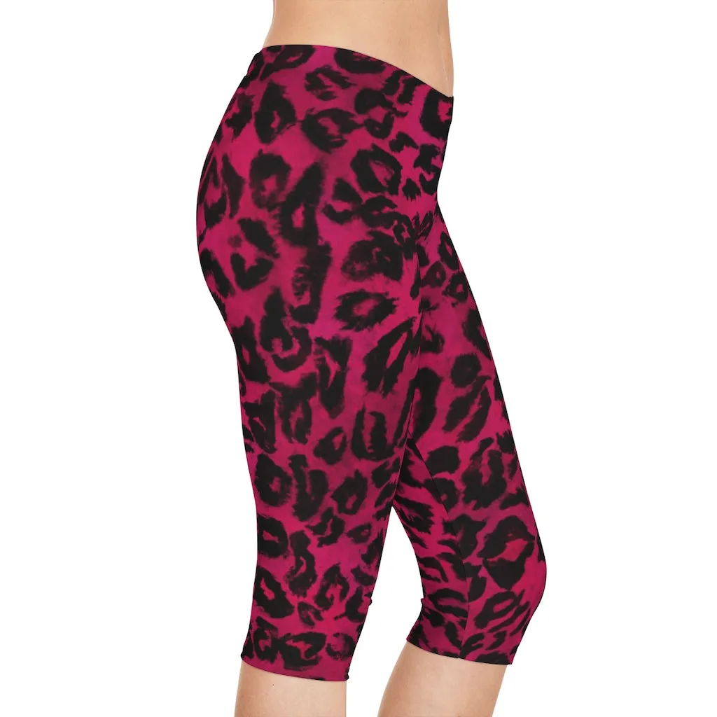 Pink Leopard Women's Capri Leggings, Pink Animal Print Best Knee-Length Polyester Capris Tights-Made in USA (US Size: XS-2XL)