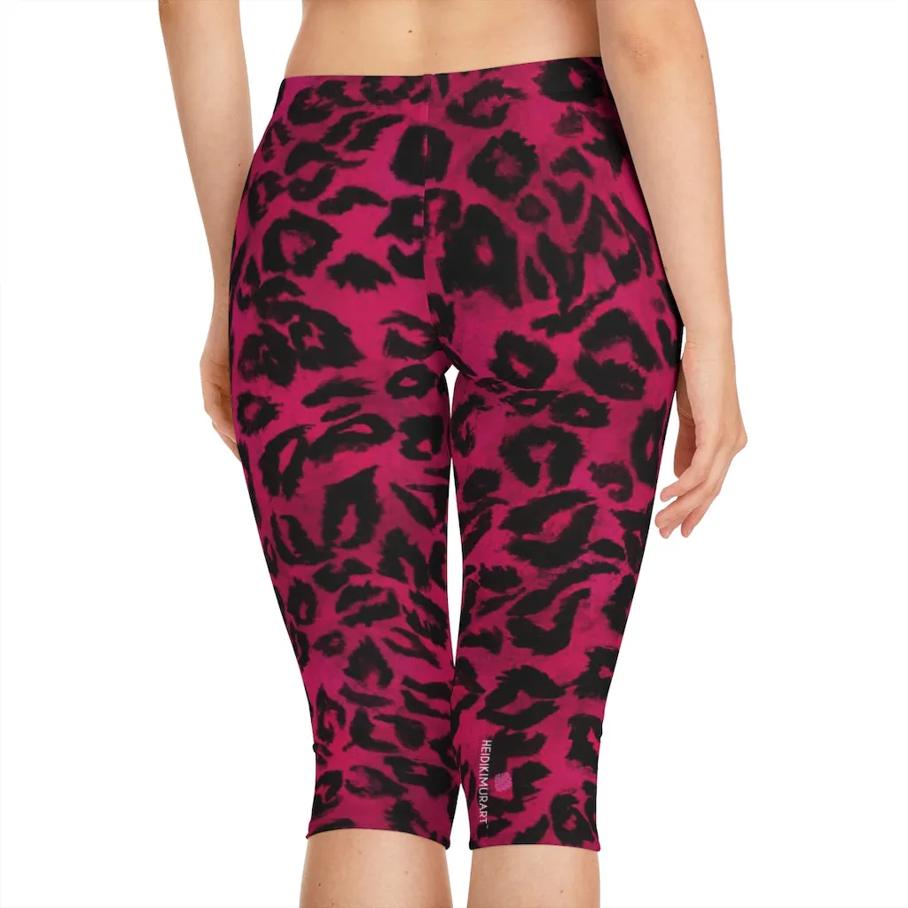 Pink Leopard Women's Capri Leggings, Pink Animal Print Best Knee-Length Polyester Capris Tights-Made in USA (US Size: XS-2XL)