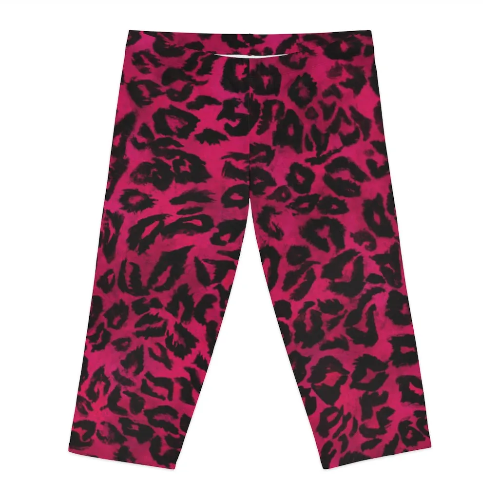 Pink Leopard Women's Capri Leggings, Pink Animal Print Best Knee-Length Polyester Capris Tights-Made in USA (US Size: XS-2XL)