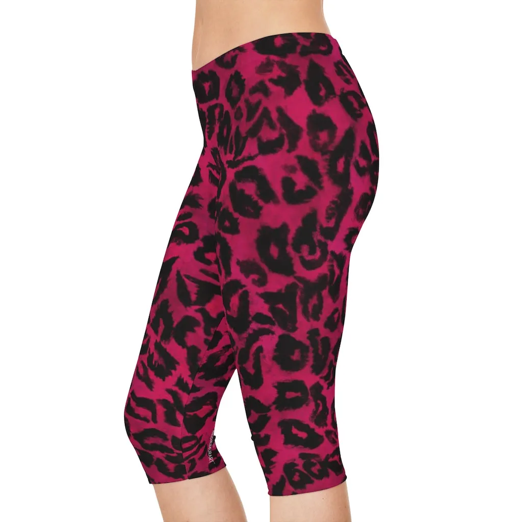 Pink Leopard Women's Capri Leggings, Pink Animal Print Best Knee-Length Polyester Capris Tights-Made in USA (US Size: XS-2XL)