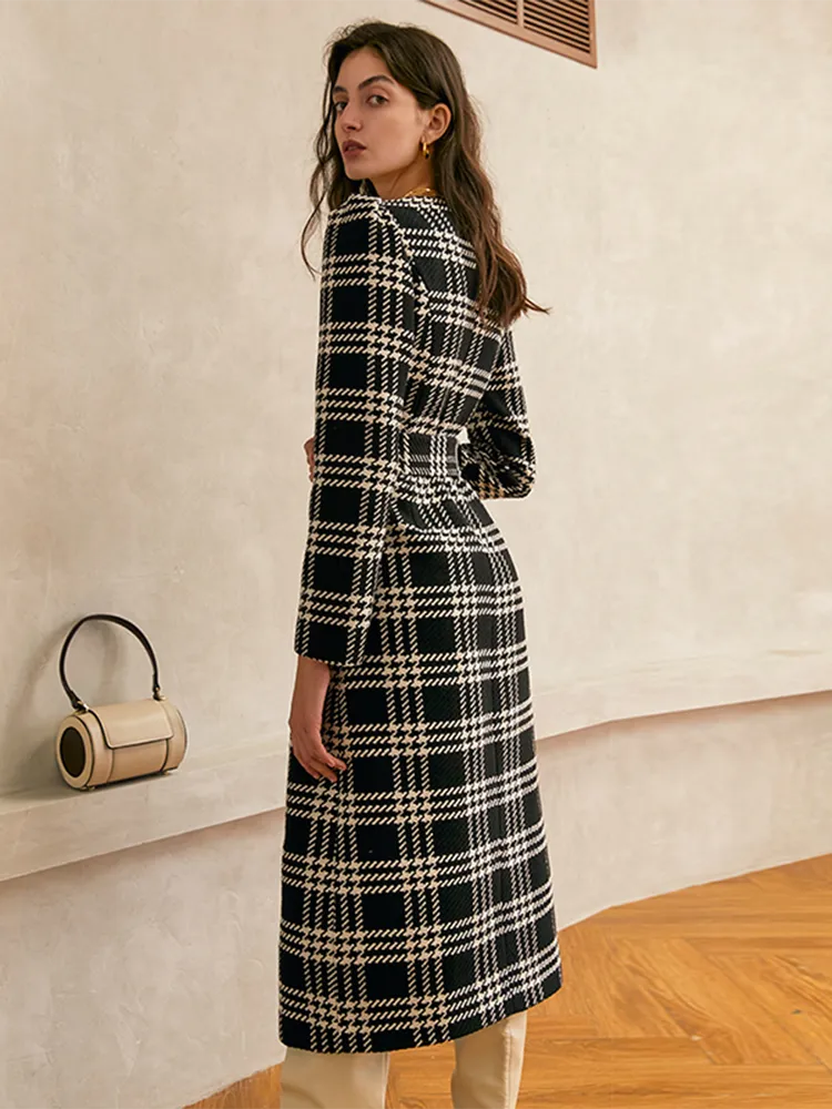 Plaid Dress Coat For Women Square Collar Long Sleeve High Waist With Sashes Elegant Coat Female Fashion Autumn