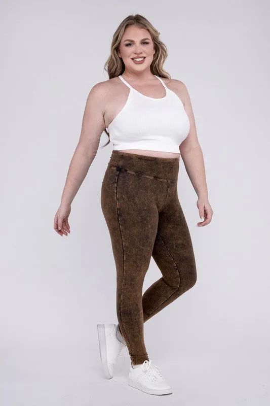 Plus Mineral Washed Wide Waistband Yoga Leggings