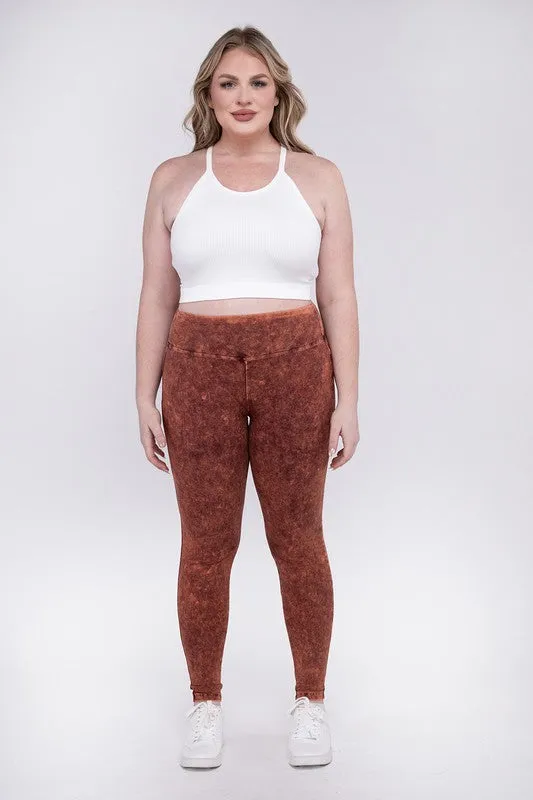 Plus Mineral Washed Wide Waistband Yoga Leggings