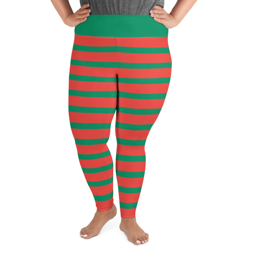 Plus Size Leggings, Elf Christmas Leggings for Women, Red Green Striped Ugly Xmas Holiday Costume Printed Graphic Yoga Pants Cute Workout