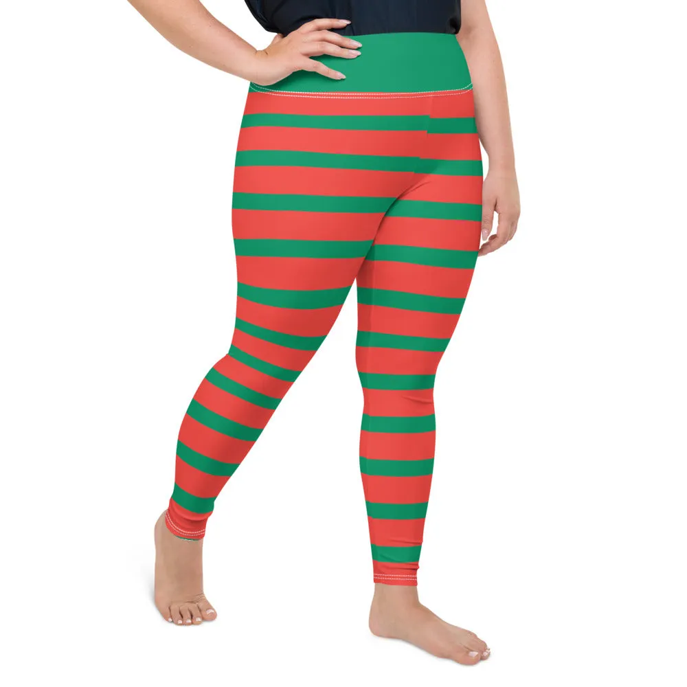 Plus Size Leggings, Elf Christmas Leggings for Women, Red Green Striped Ugly Xmas Holiday Costume Printed Graphic Yoga Pants Cute Workout