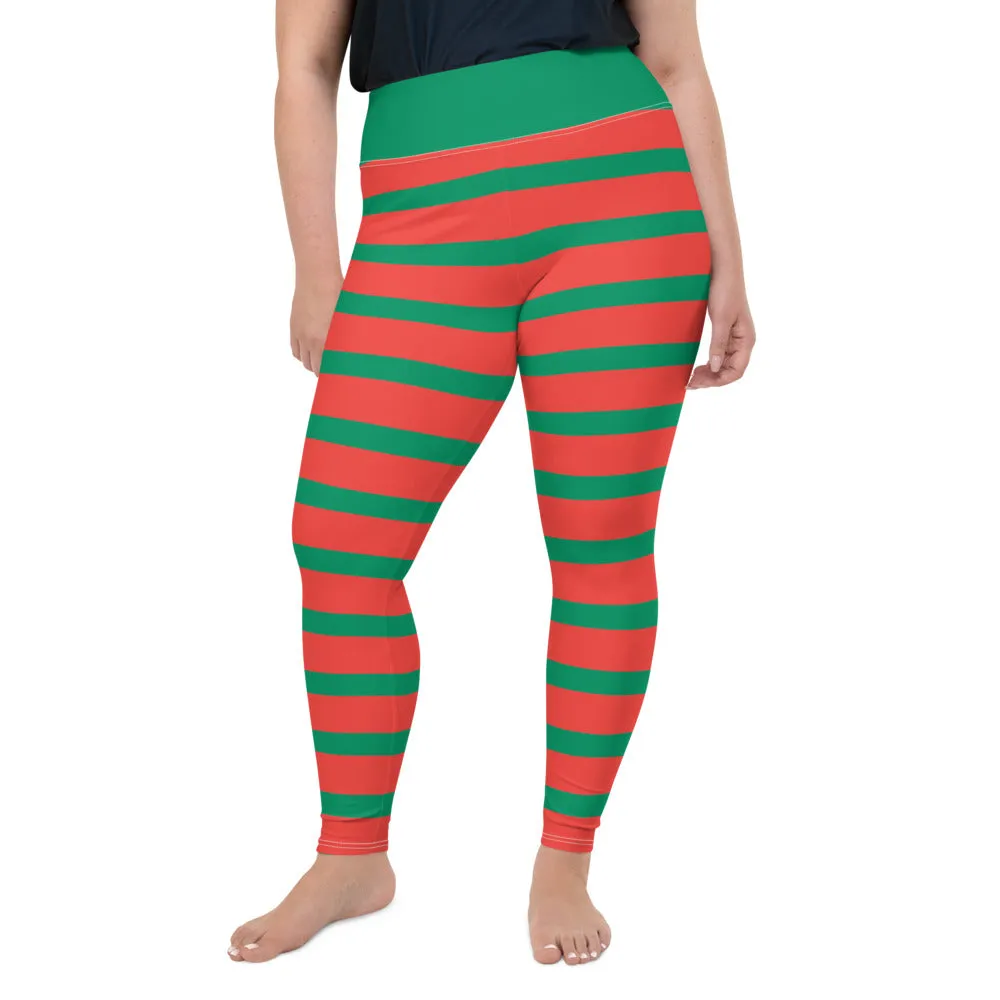 Plus Size Leggings, Elf Christmas Leggings for Women, Red Green Striped Ugly Xmas Holiday Costume Printed Graphic Yoga Pants Cute Workout