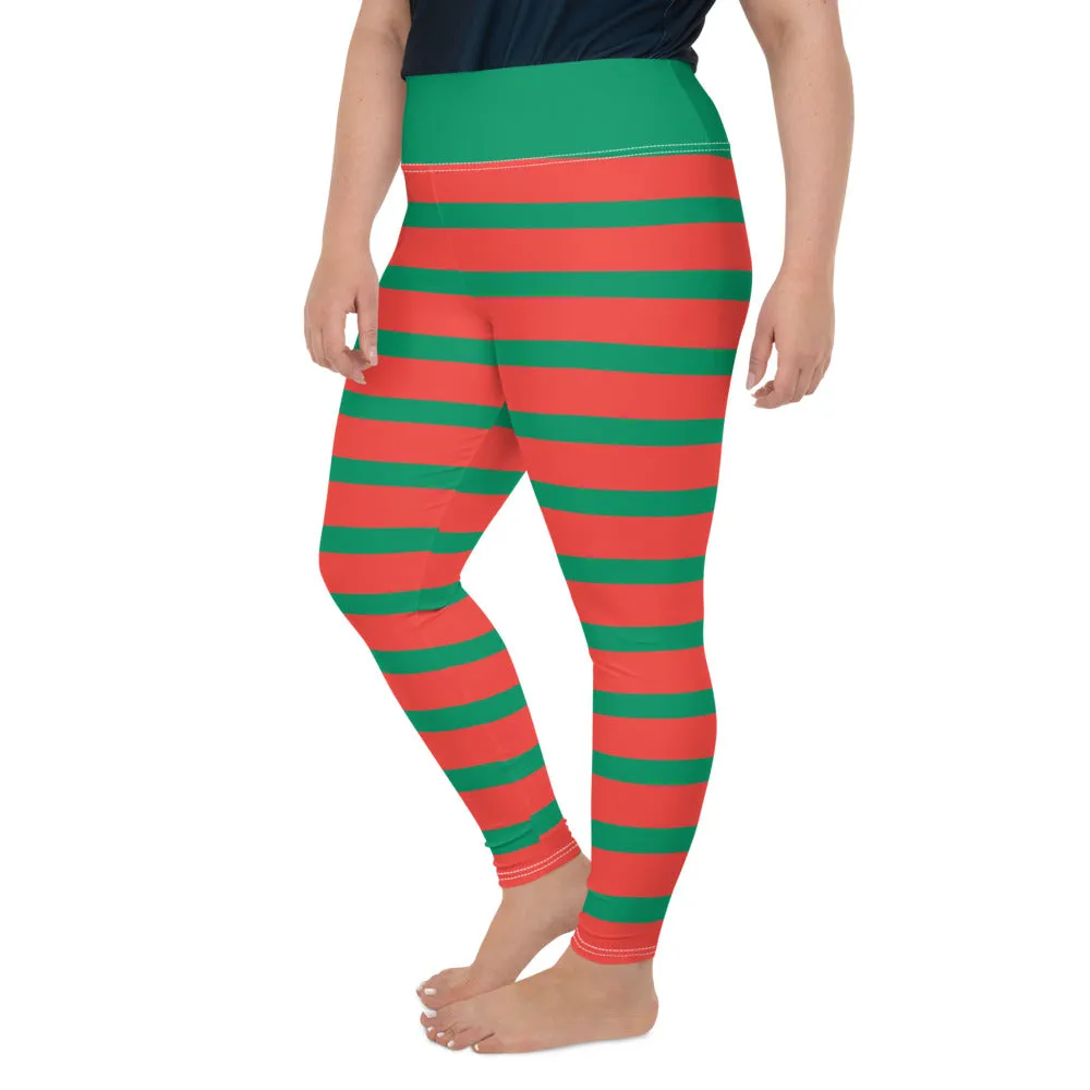 Plus Size Leggings, Elf Christmas Leggings for Women, Red Green Striped Ugly Xmas Holiday Costume Printed Graphic Yoga Pants Cute Workout