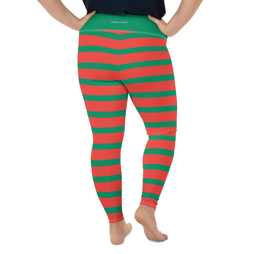 Plus Size Leggings, Elf Christmas Leggings for Women, Red Green Striped Ugly Xmas Holiday Costume Printed Graphic Yoga Pants Cute Workout