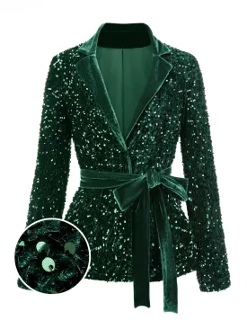 [Pre-Sale] Green 1950s Lapel Velvet Sequined Belted Coat