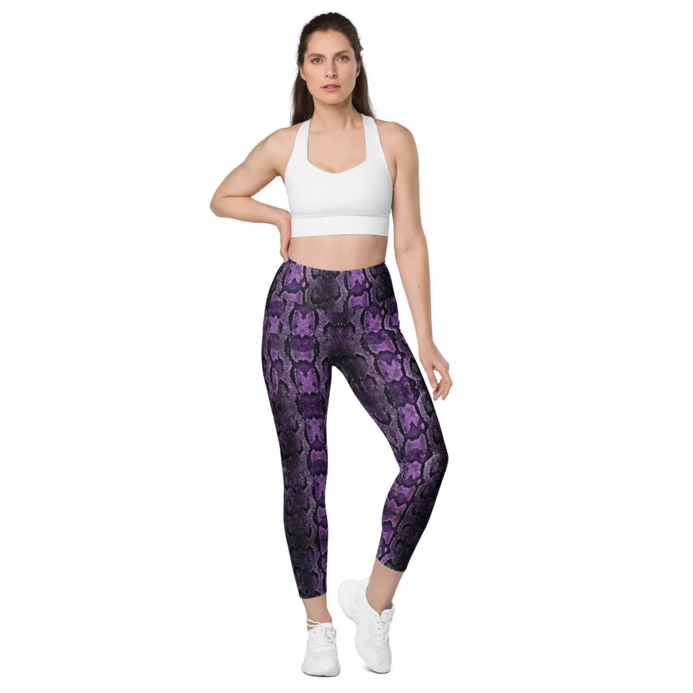 Purple Snake Print Tights, Women's 7/8 Leggings With 2 Side Pockets - Made in USA/EU/MX