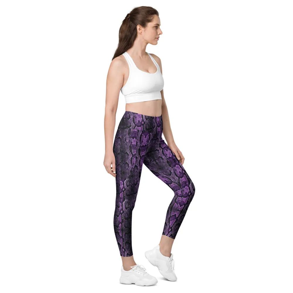 Purple Snake Print Tights, Women's 7/8 Leggings With 2 Side Pockets - Made in USA/EU/MX