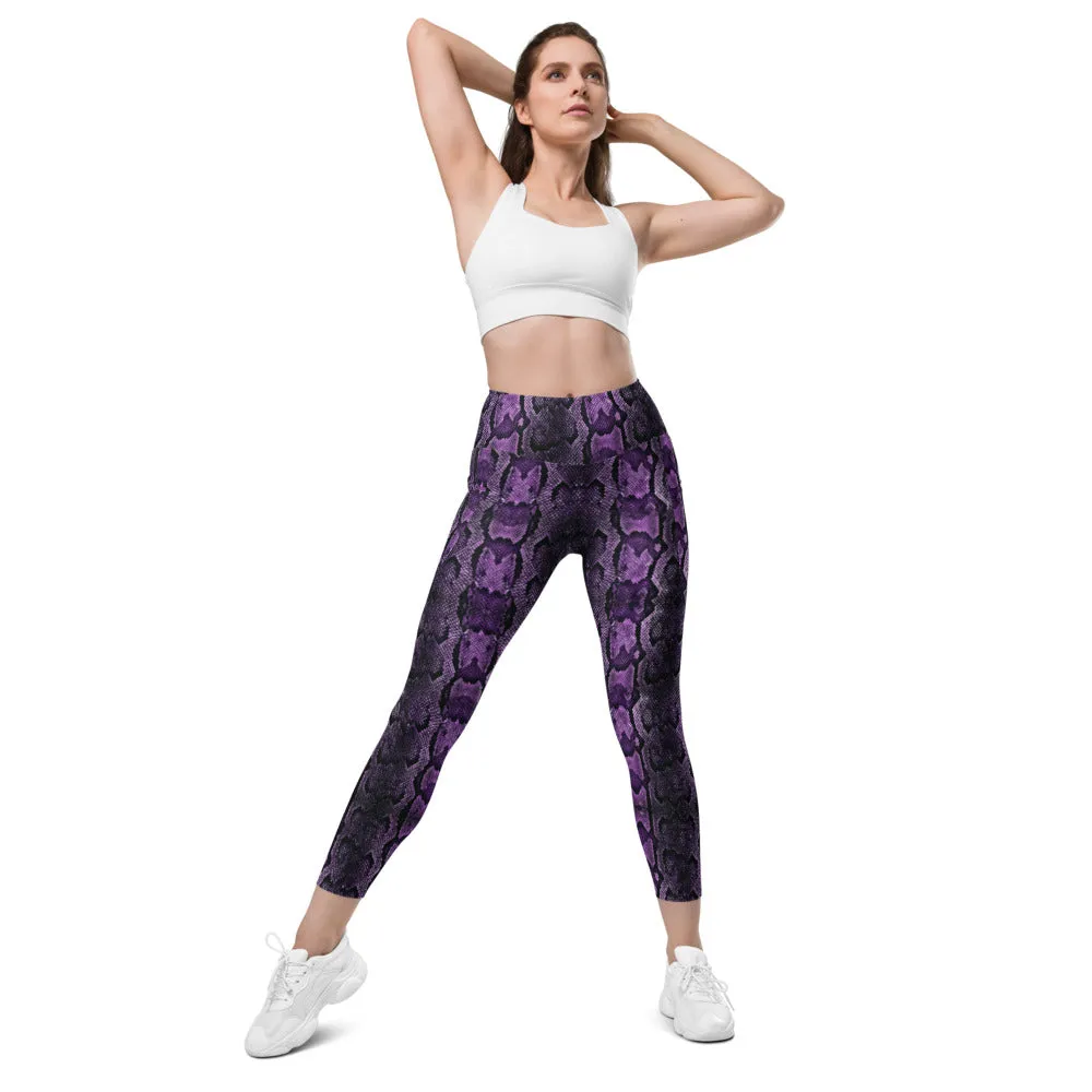 Purple Snake Print Tights, Women's 7/8 Leggings With 2 Side Pockets - Made in USA/EU/MX