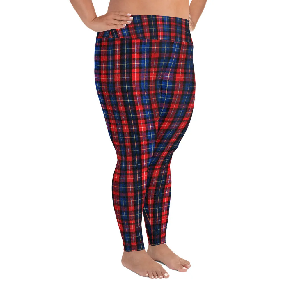 Red Plaid Print Yoga Tights, Women's Long Yoga Pants Plus Size Leggings -Made in USA/EU/MX