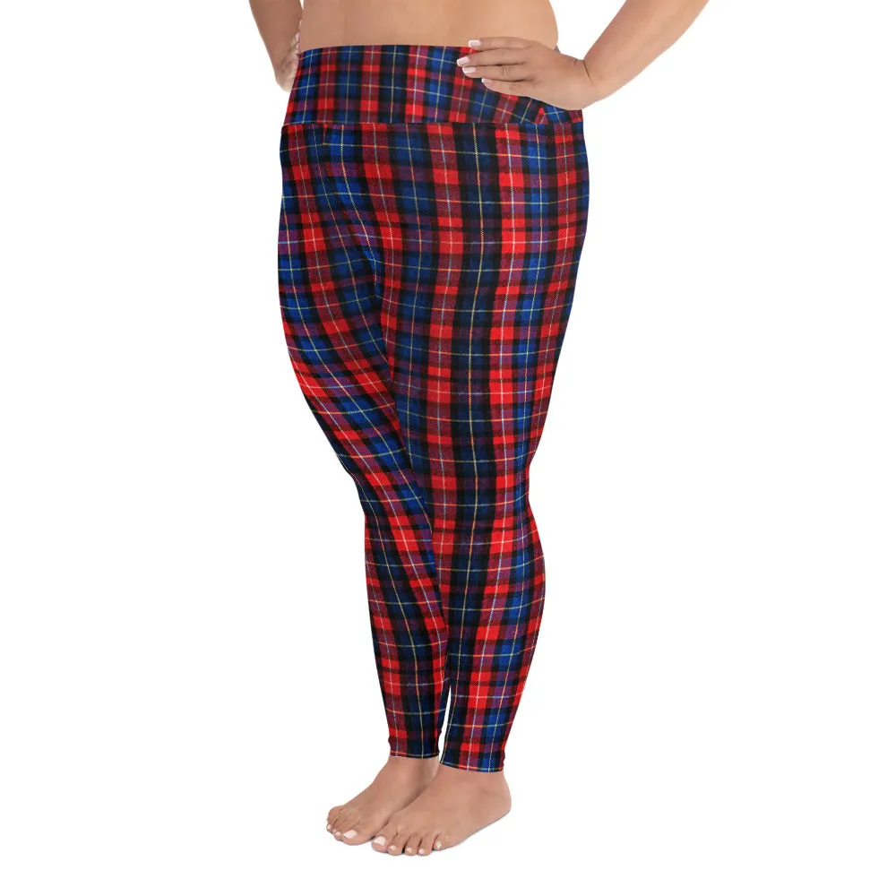 Red Plaid Print Yoga Tights, Women's Long Yoga Pants Plus Size Leggings -Made in USA/EU/MX