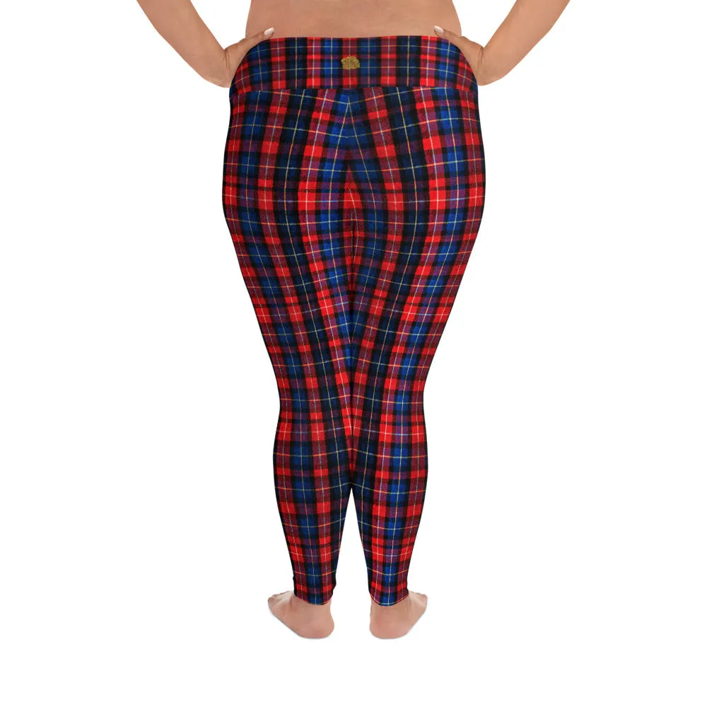 Red Plaid Print Yoga Tights, Women's Long Yoga Pants Plus Size Leggings -Made in USA/EU/MX