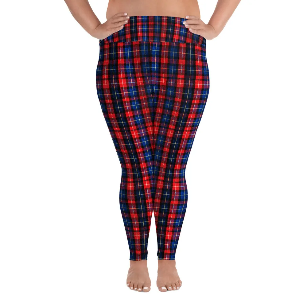 Red Plaid Print Yoga Tights, Women's Long Yoga Pants Plus Size Leggings -Made in USA/EU/MX