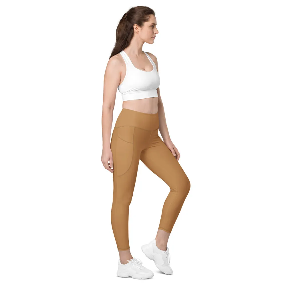 Sand Brown Women's Tights, Solid Color Best Yoga Pants With 2 Side Deep Long Pockets - Made in USA/EU/MX (US Size: 2XS-6XL)