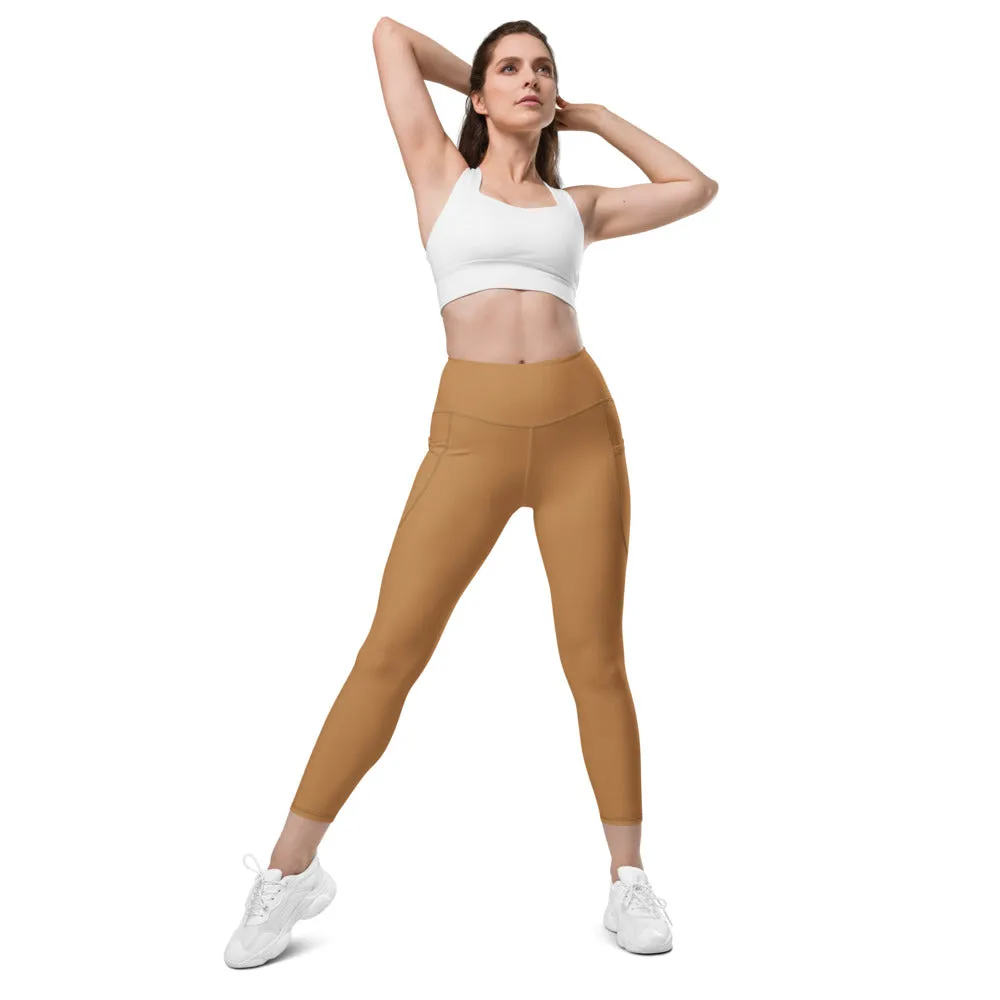 Sand Brown Women's Tights, Solid Color Best Yoga Pants With 2 Side Deep Long Pockets - Made in USA/EU/MX (US Size: 2XS-6XL)