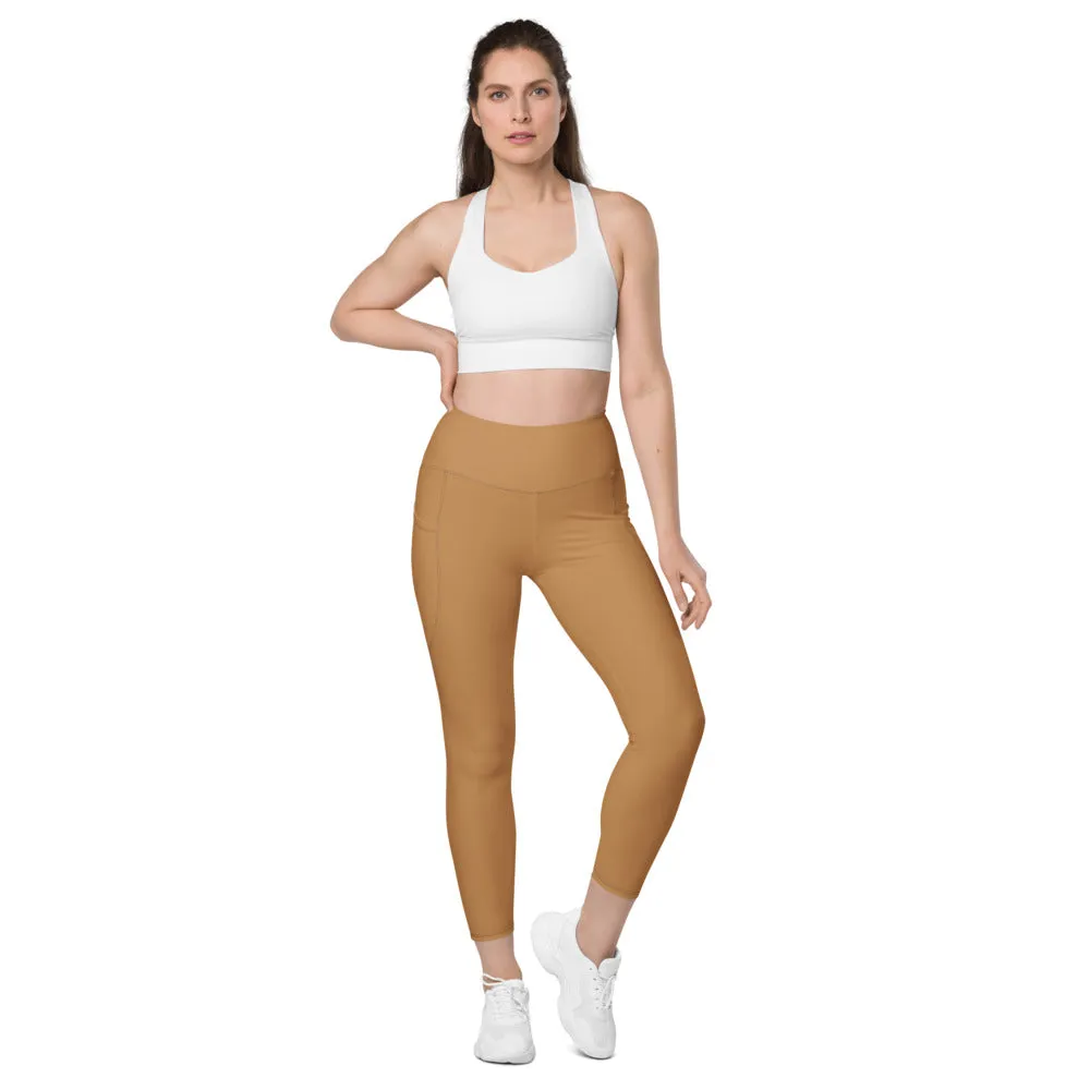 Sand Brown Women's Tights, Solid Color Best Yoga Pants With 2 Side Deep Long Pockets - Made in USA/EU/MX (US Size: 2XS-6XL)