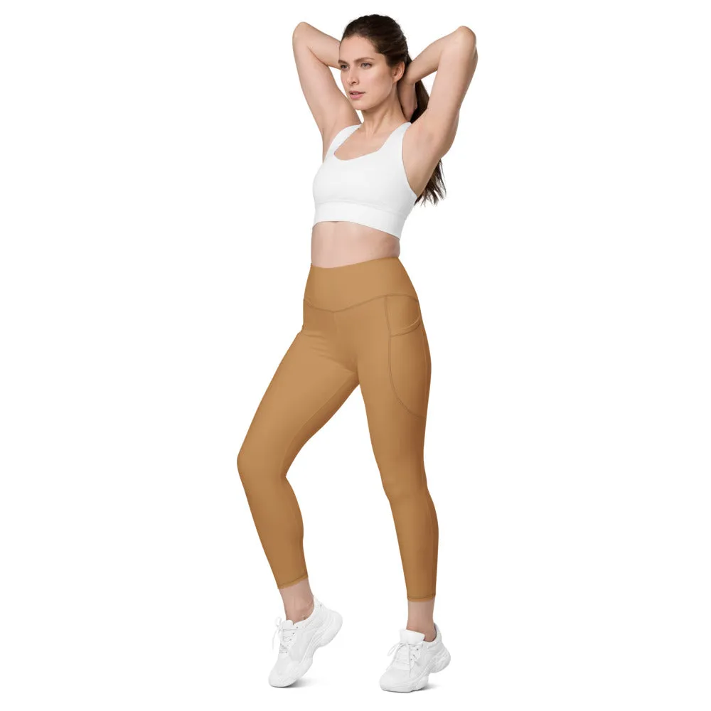 Sand Brown Women's Tights, Solid Color Best Yoga Pants With 2 Side Deep Long Pockets - Made in USA/EU/MX (US Size: 2XS-6XL)