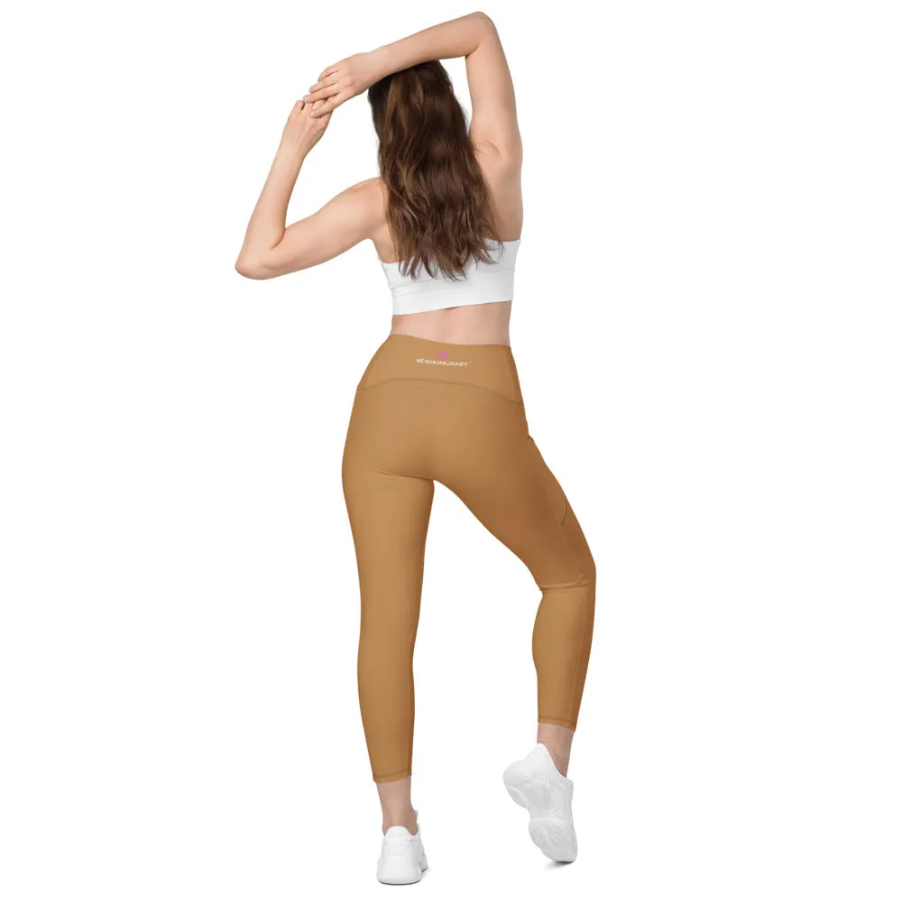 Sand Brown Women's Tights, Solid Color Best Yoga Pants With 2 Side Deep Long Pockets - Made in USA/EU/MX (US Size: 2XS-6XL)