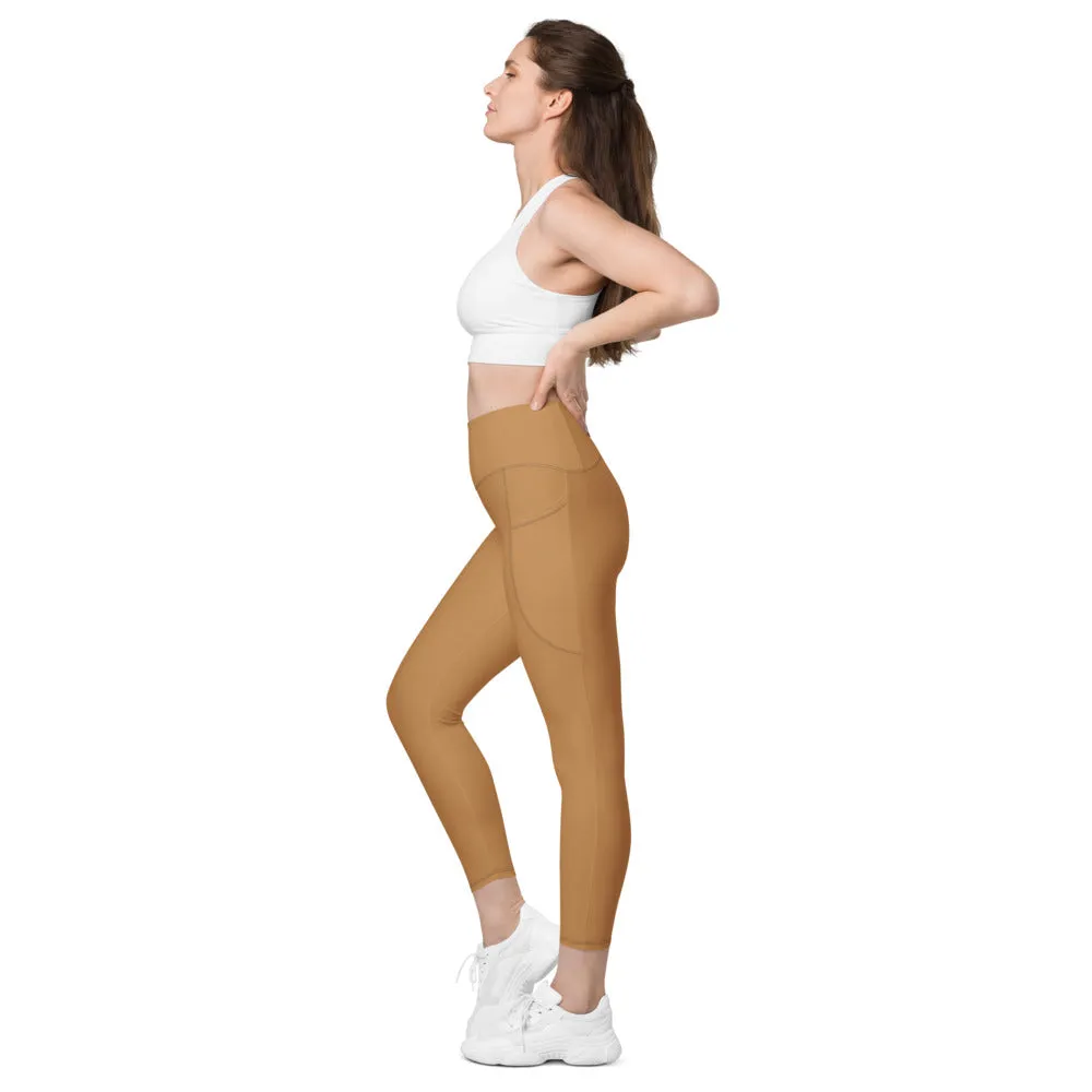 Sand Brown Women's Tights, Solid Color Best Yoga Pants With 2 Side Deep Long Pockets - Made in USA/EU/MX (US Size: 2XS-6XL)