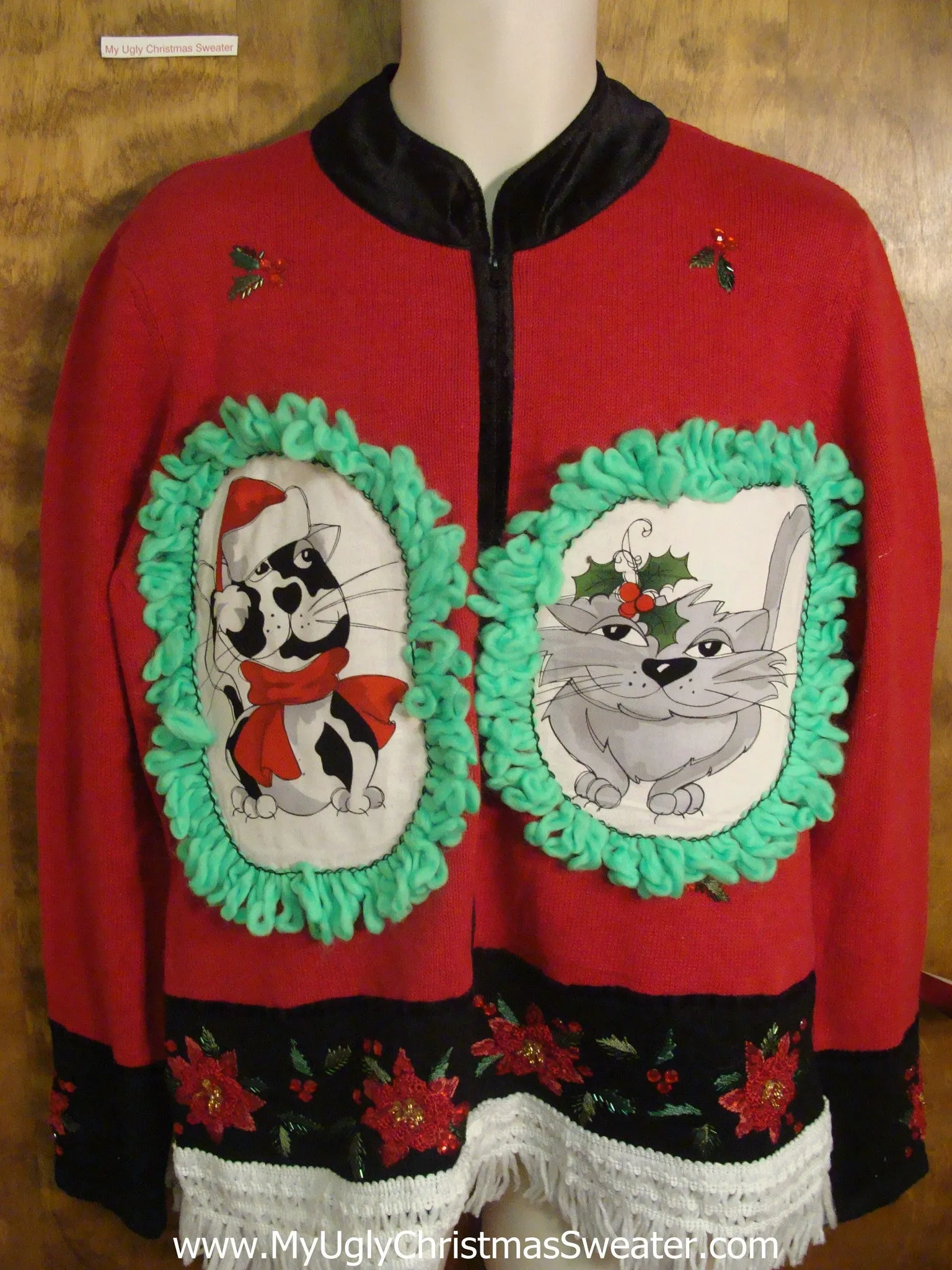 Simple Red with Poinsettias Cat Christmas Sweater