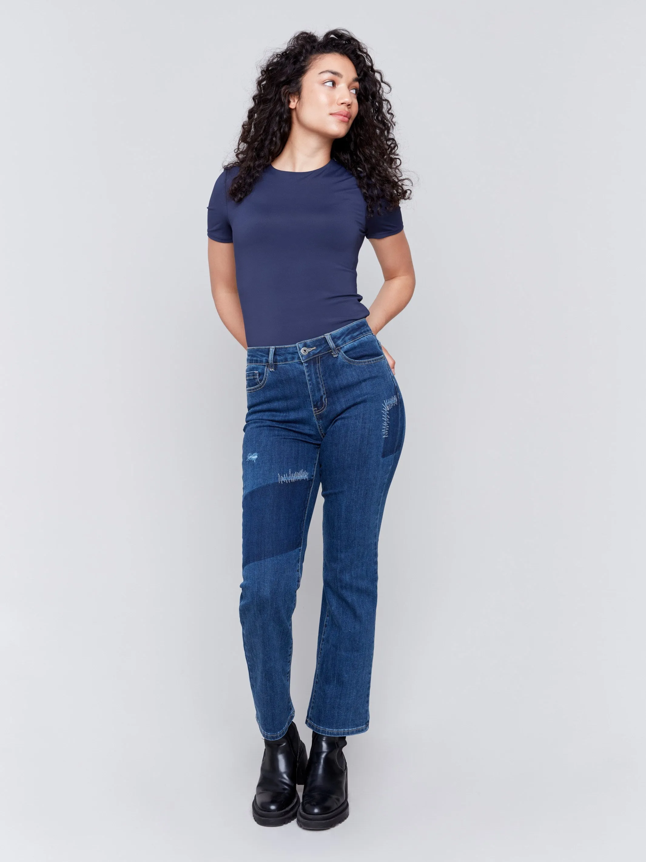 Straight Leg Patchwork Jeans - Indigo