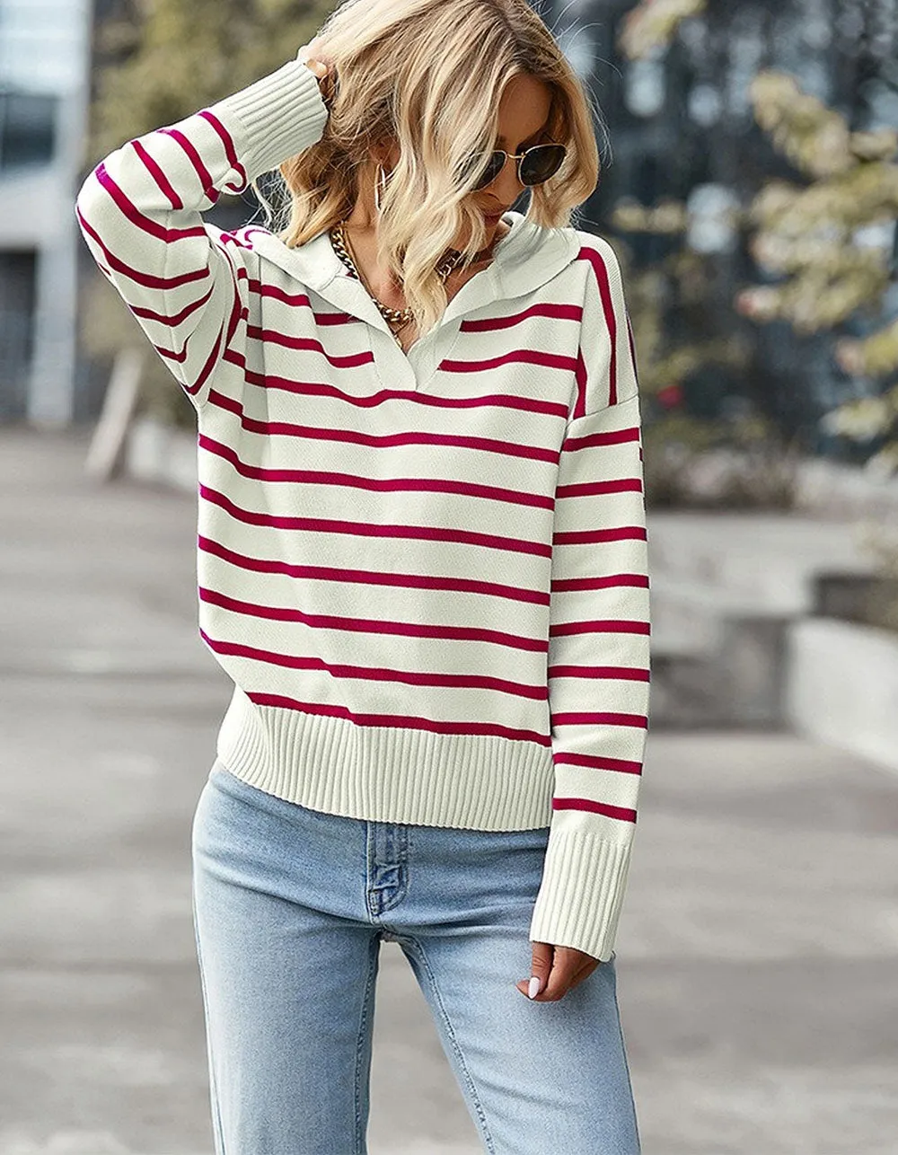 Striped V Neck Loose Long Sleeve Textured Pullover Soft Sweater