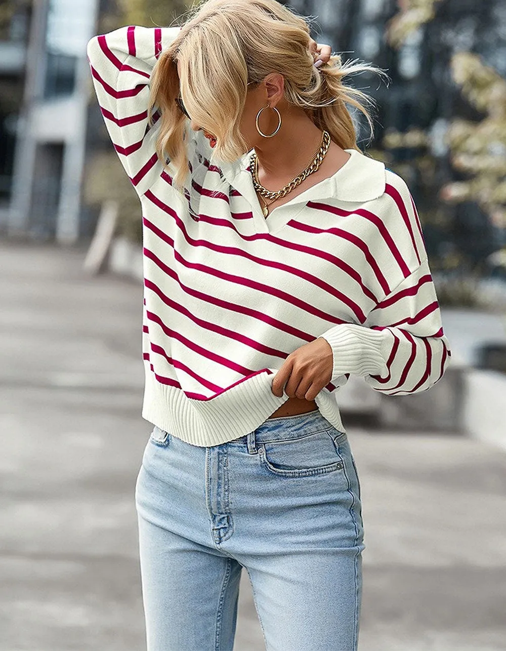 Striped V Neck Loose Long Sleeve Textured Pullover Soft Sweater