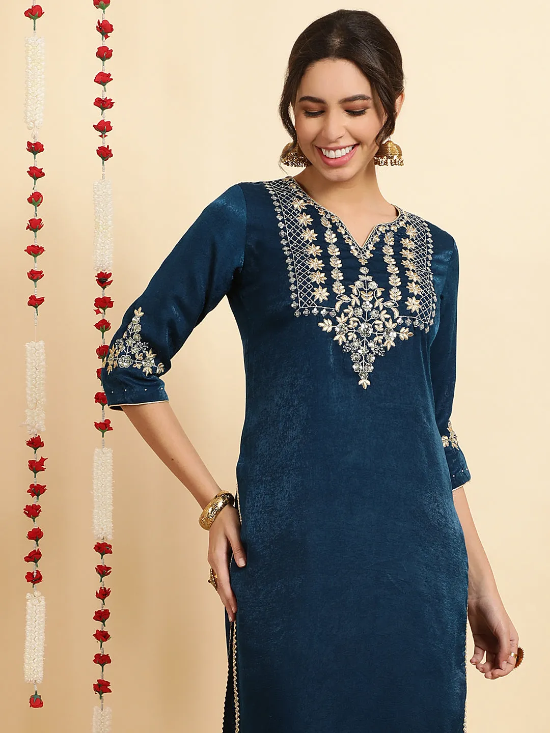 Teal Blue Embroidered Velvet Kurta With Pants