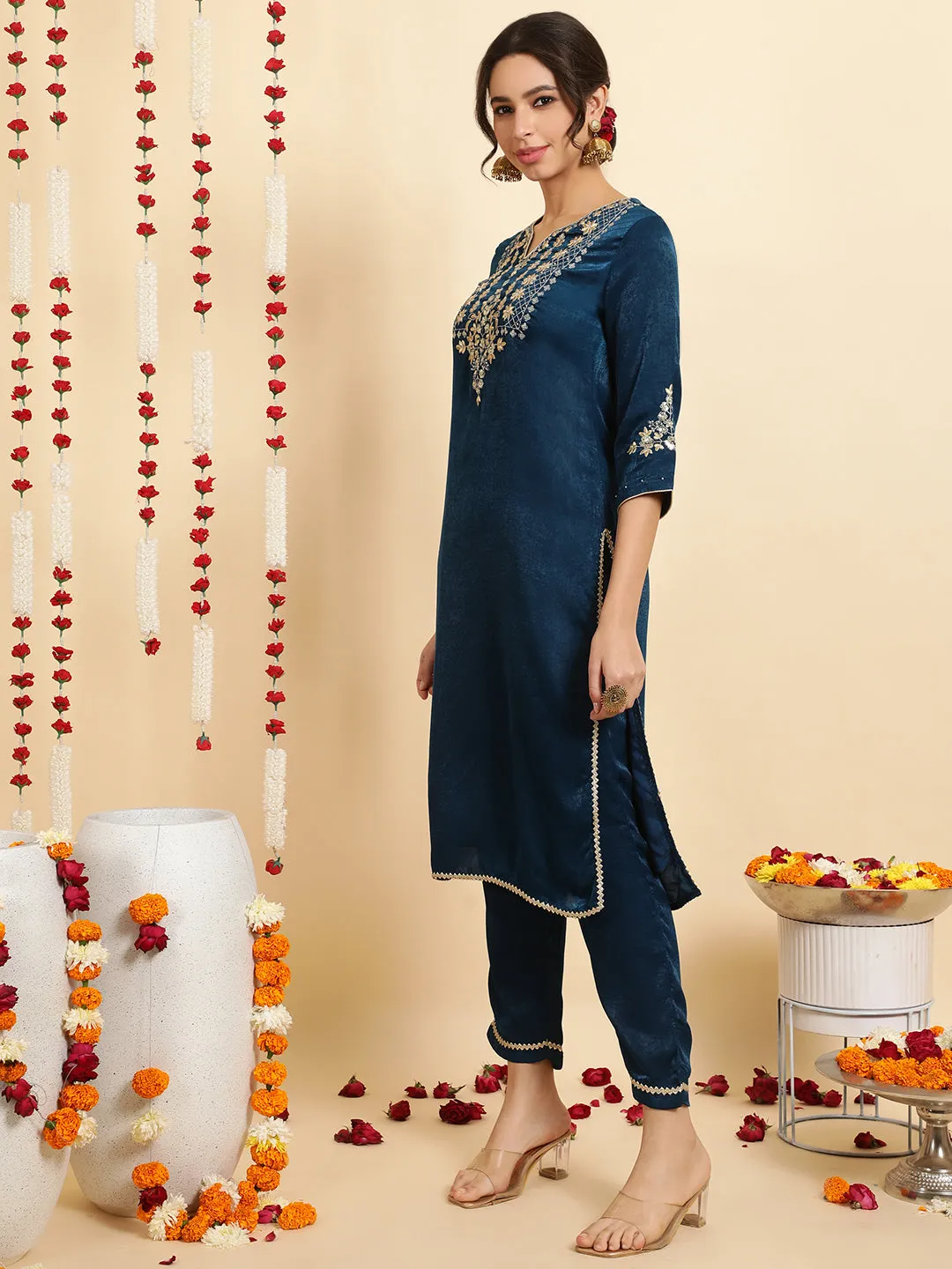 Teal Blue Embroidered Velvet Kurta With Pants