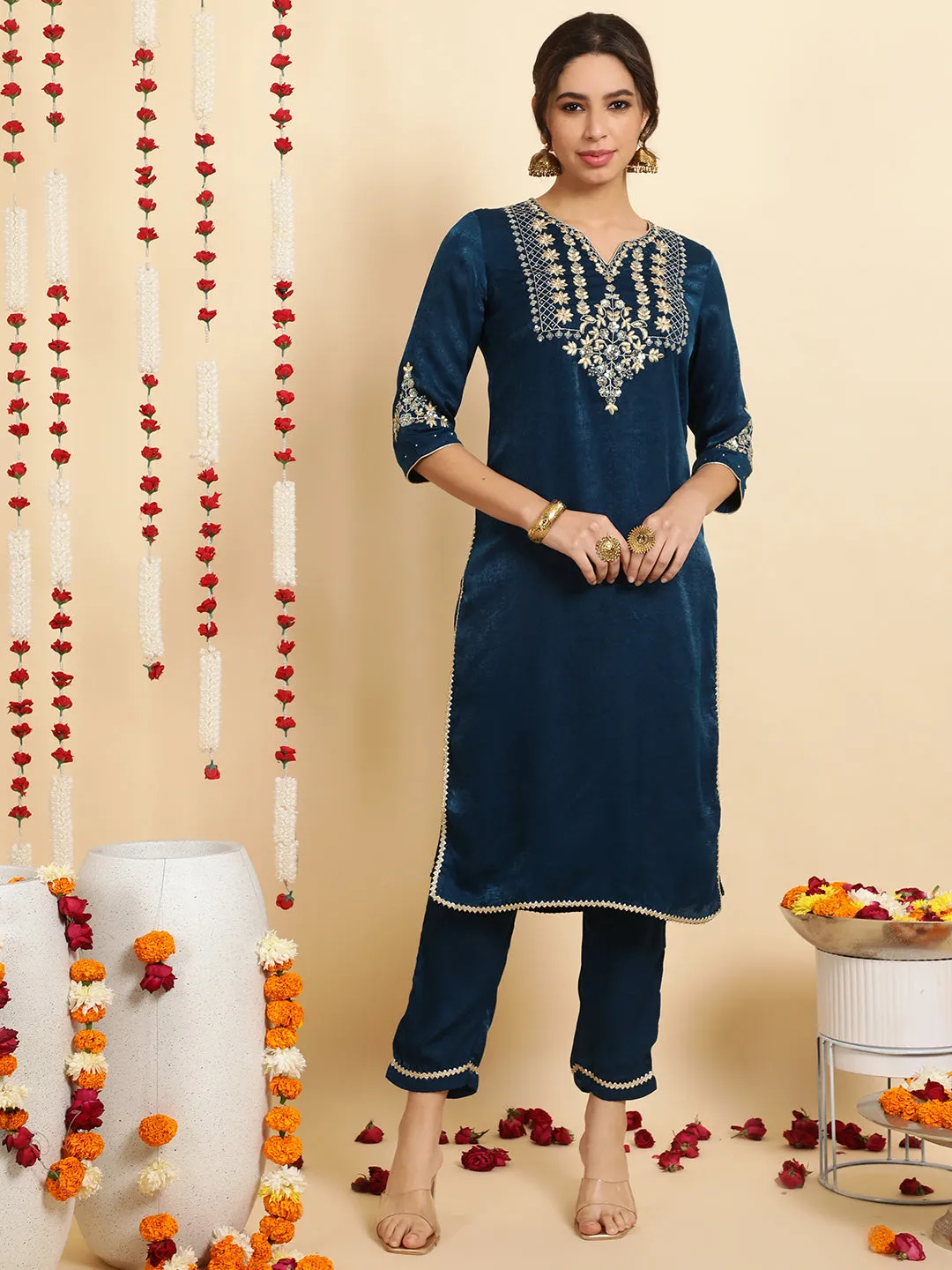 Teal Blue Embroidered Velvet Kurta With Pants