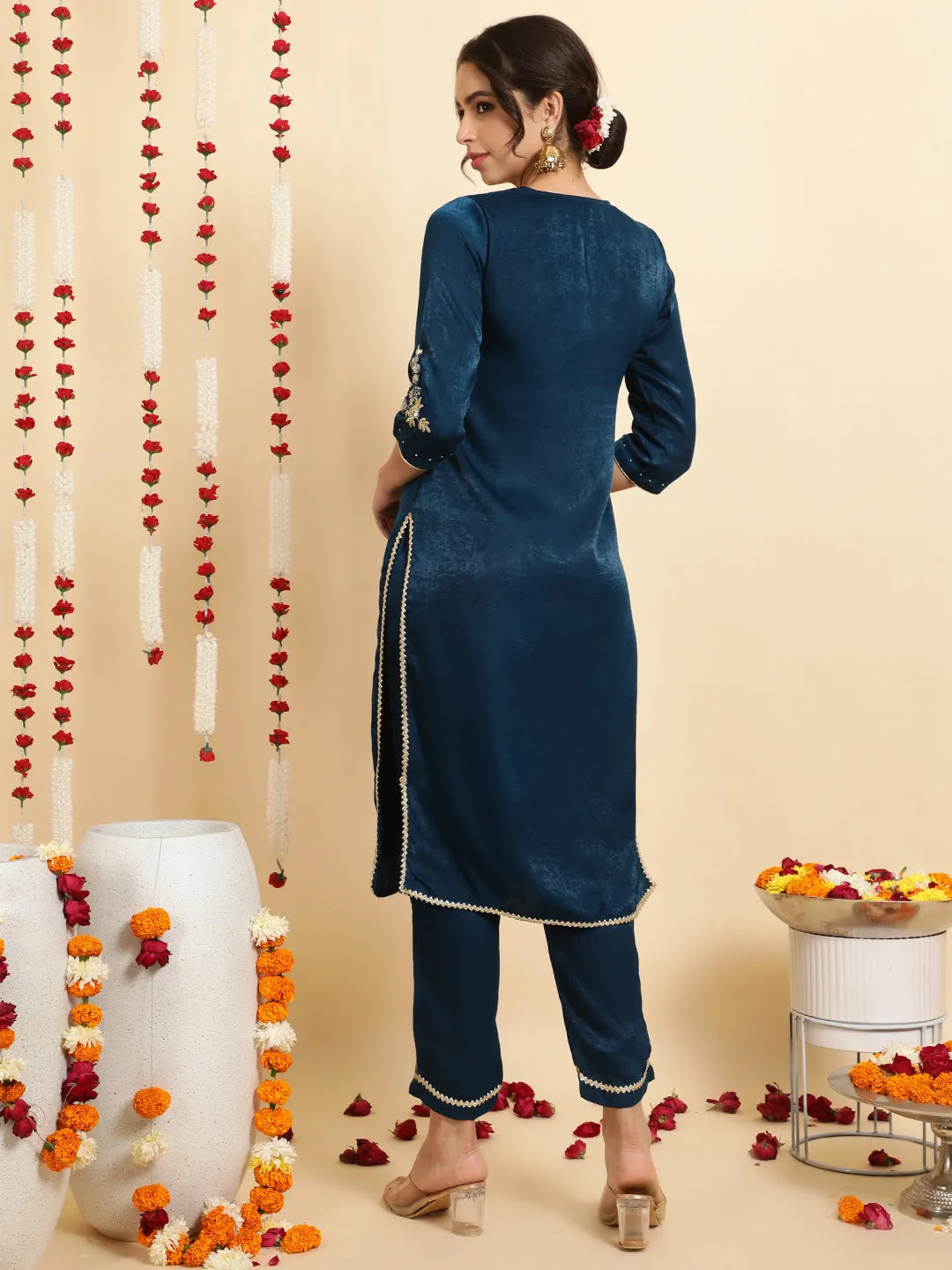 Teal Blue Embroidered Velvet Kurta With Pants